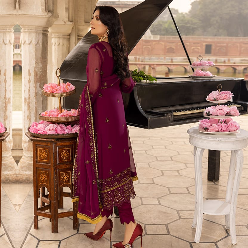 Chiffon Embroidered stitched 3pc Suit – Mulberry Grape